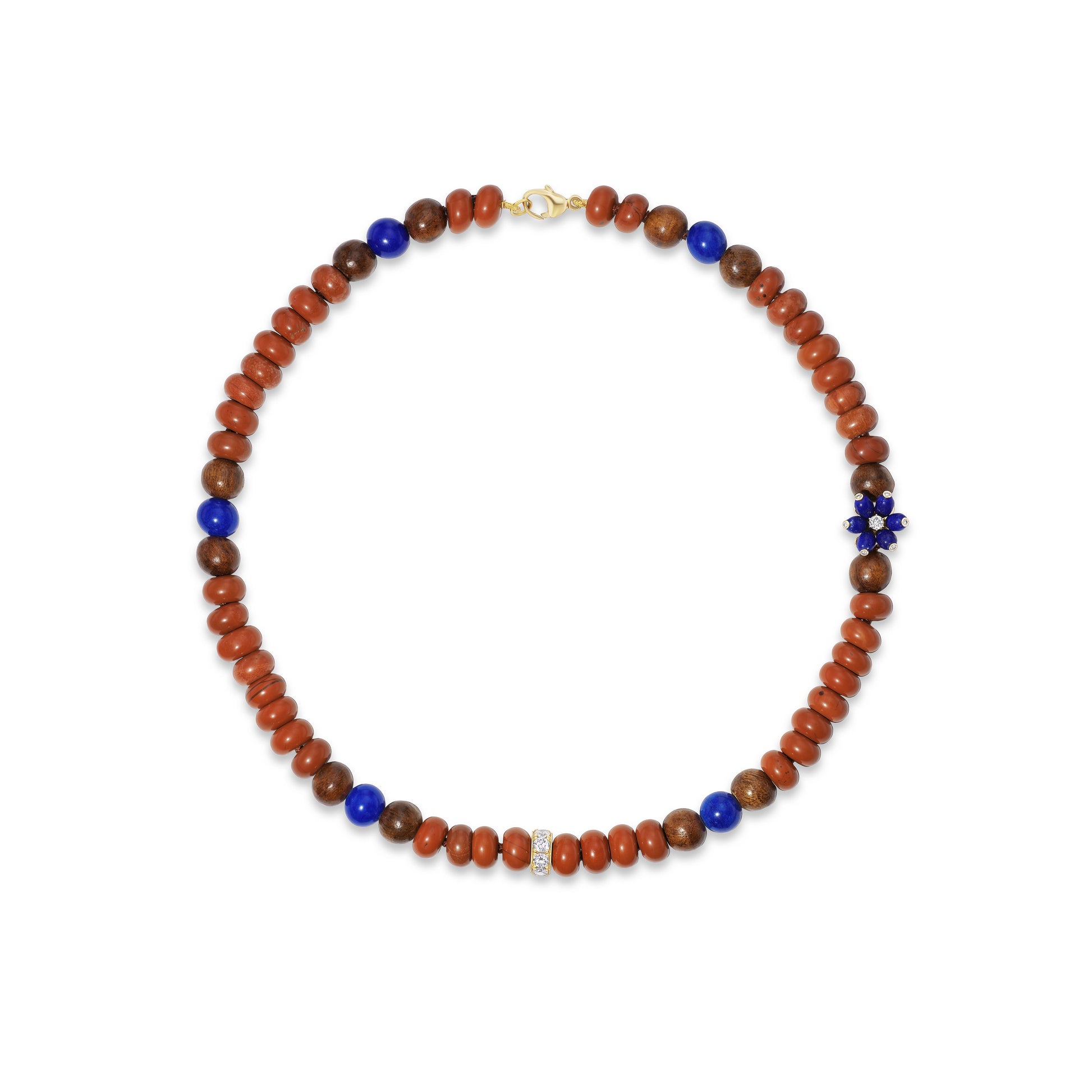 Beaded necklace on white background.