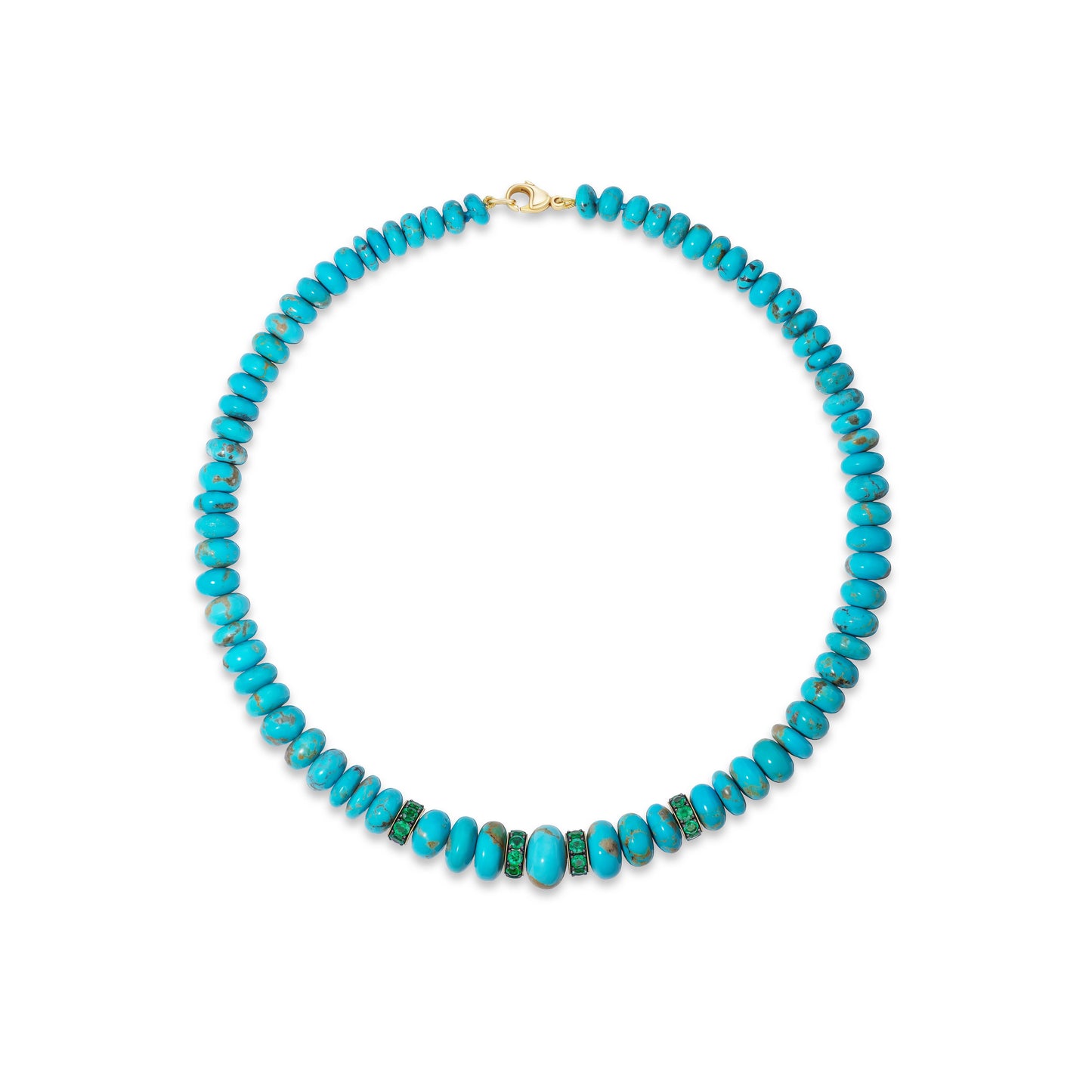 Turquoise beaded necklace with emeralds.