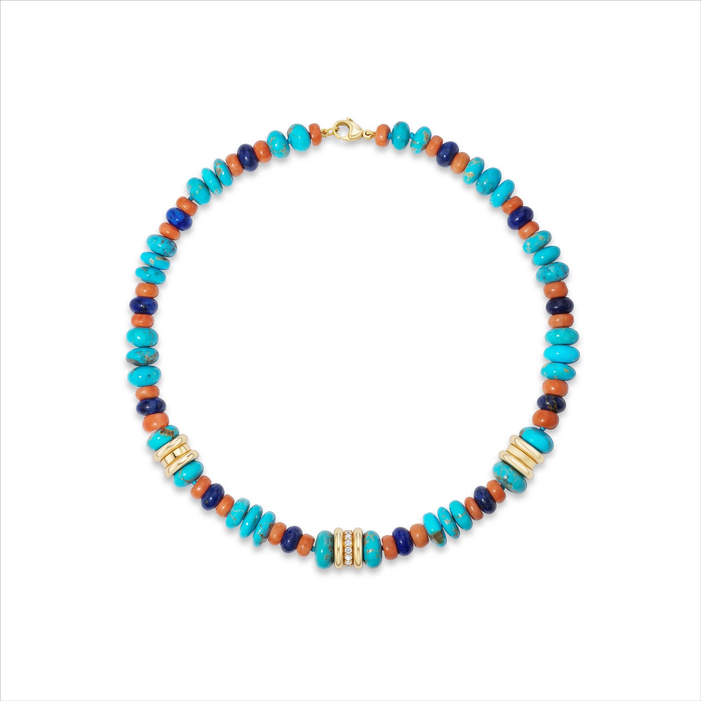 Colorful beaded necklace with gold accents on a white background