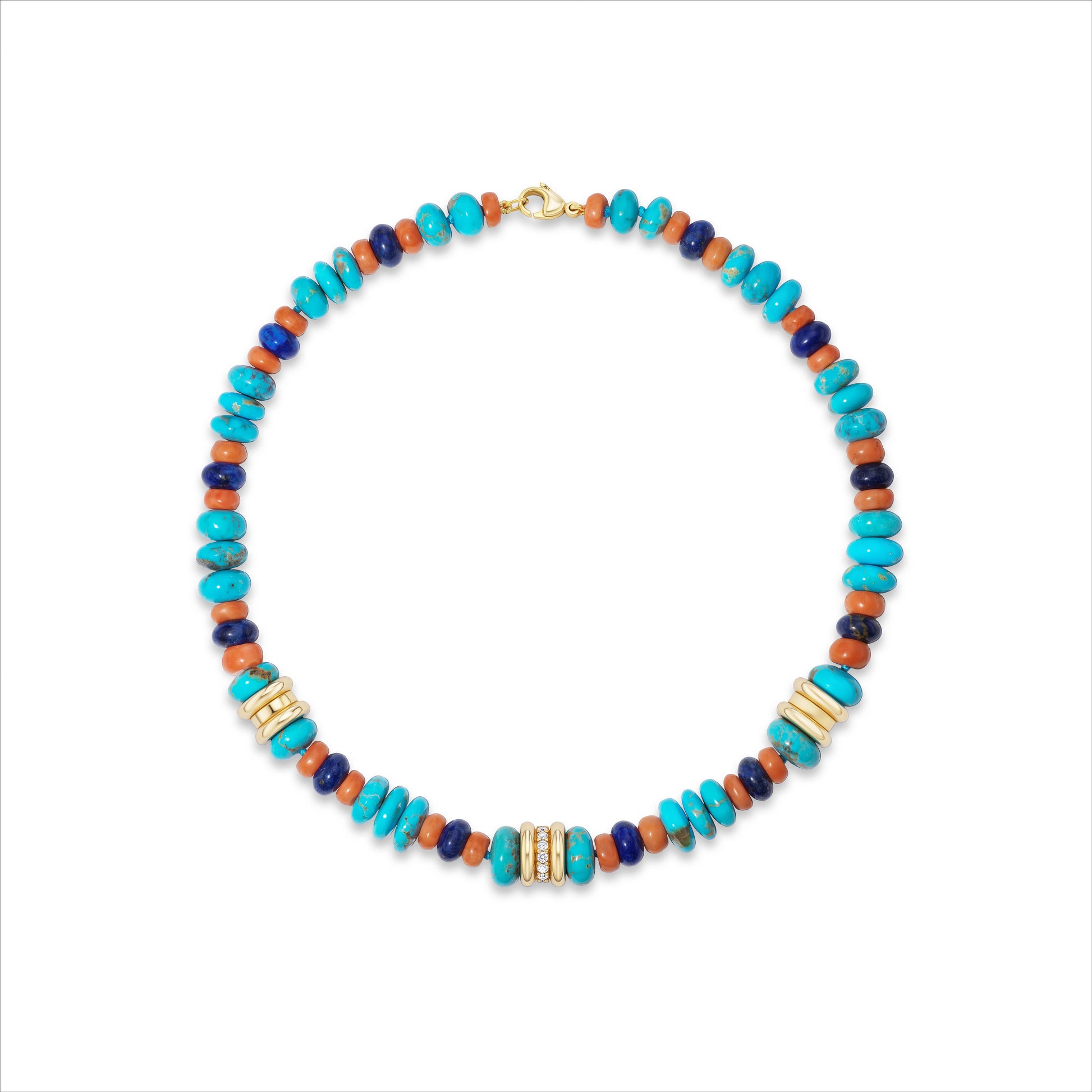 Colorful beaded necklace with gold accents on a white background