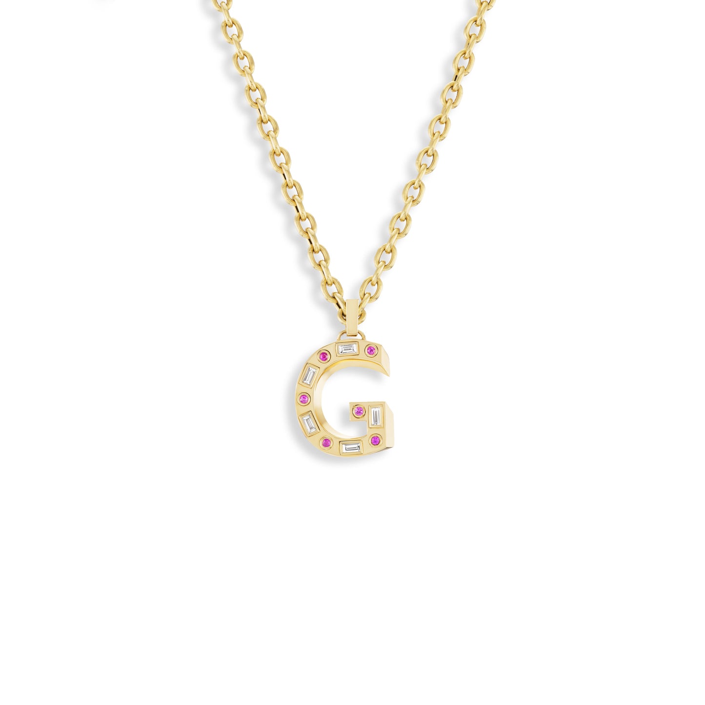 G Initial Pendant with Diamonds and Pink Sapphires