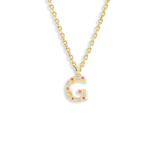 G Initial Pendant with Diamonds and Pink Sapphires