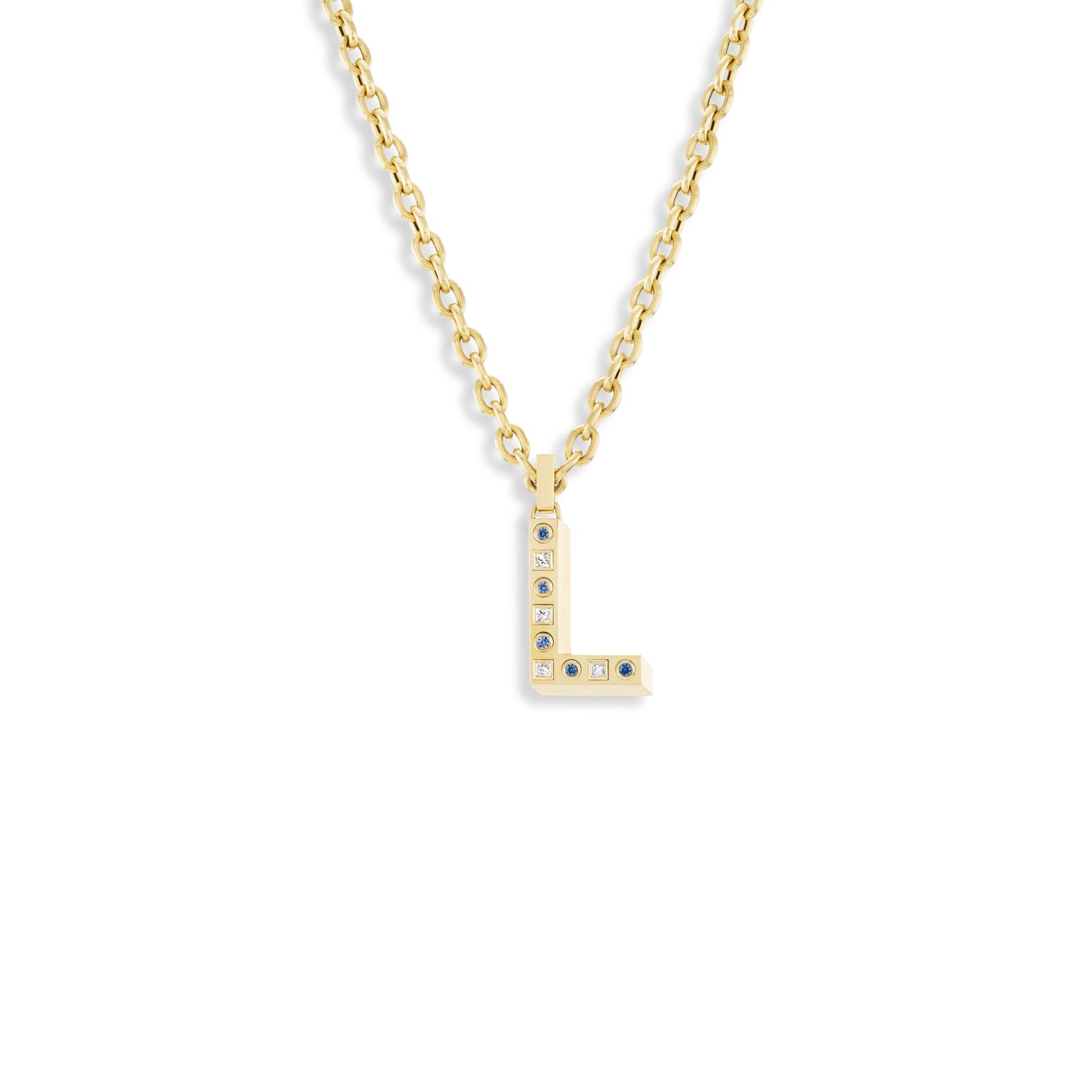 Gold necklace with a letter 'L' pendant on a white background