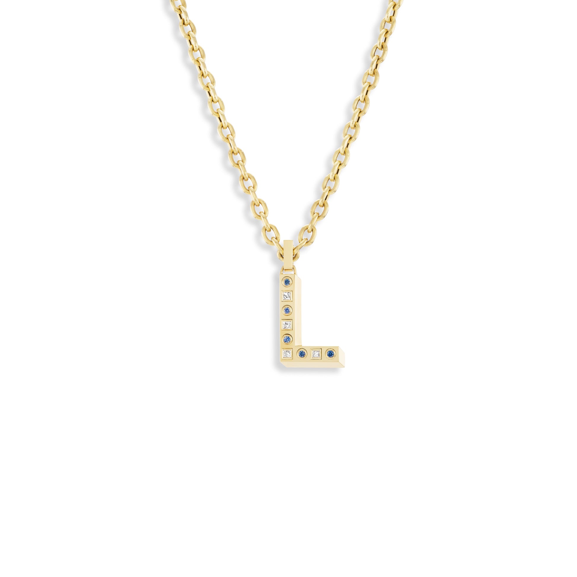 Gold necklace with a letter 'L' pendant on a white background
