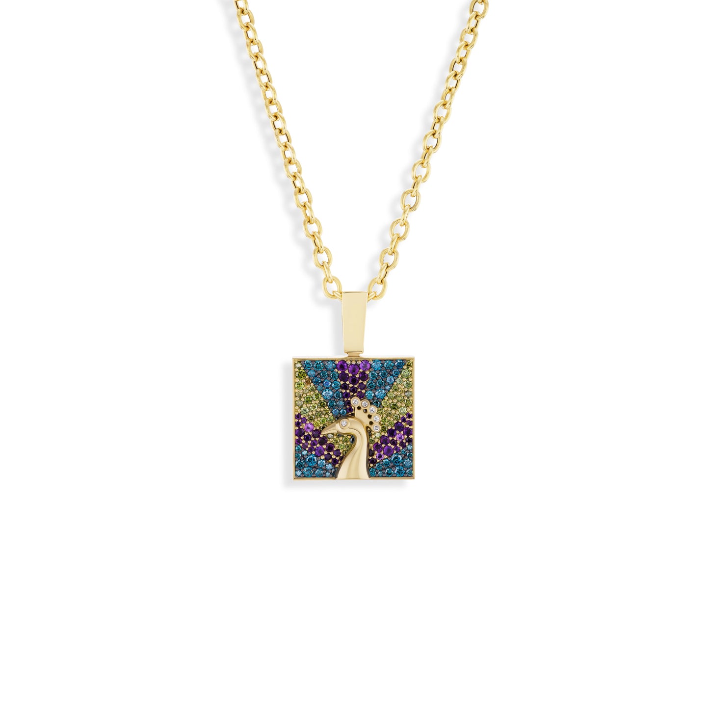 Necklace with a square pendant featuring a peacock design on a white background