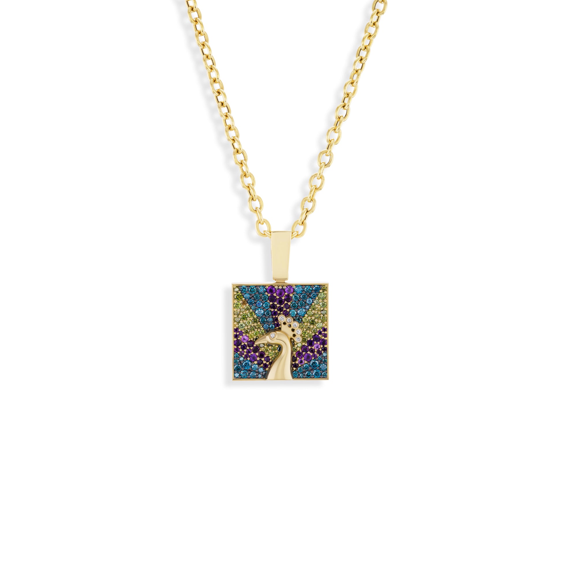 Necklace with a square pendant featuring a peacock design on a white background
