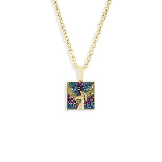 Necklace with a square pendant featuring a peacock design on a white background