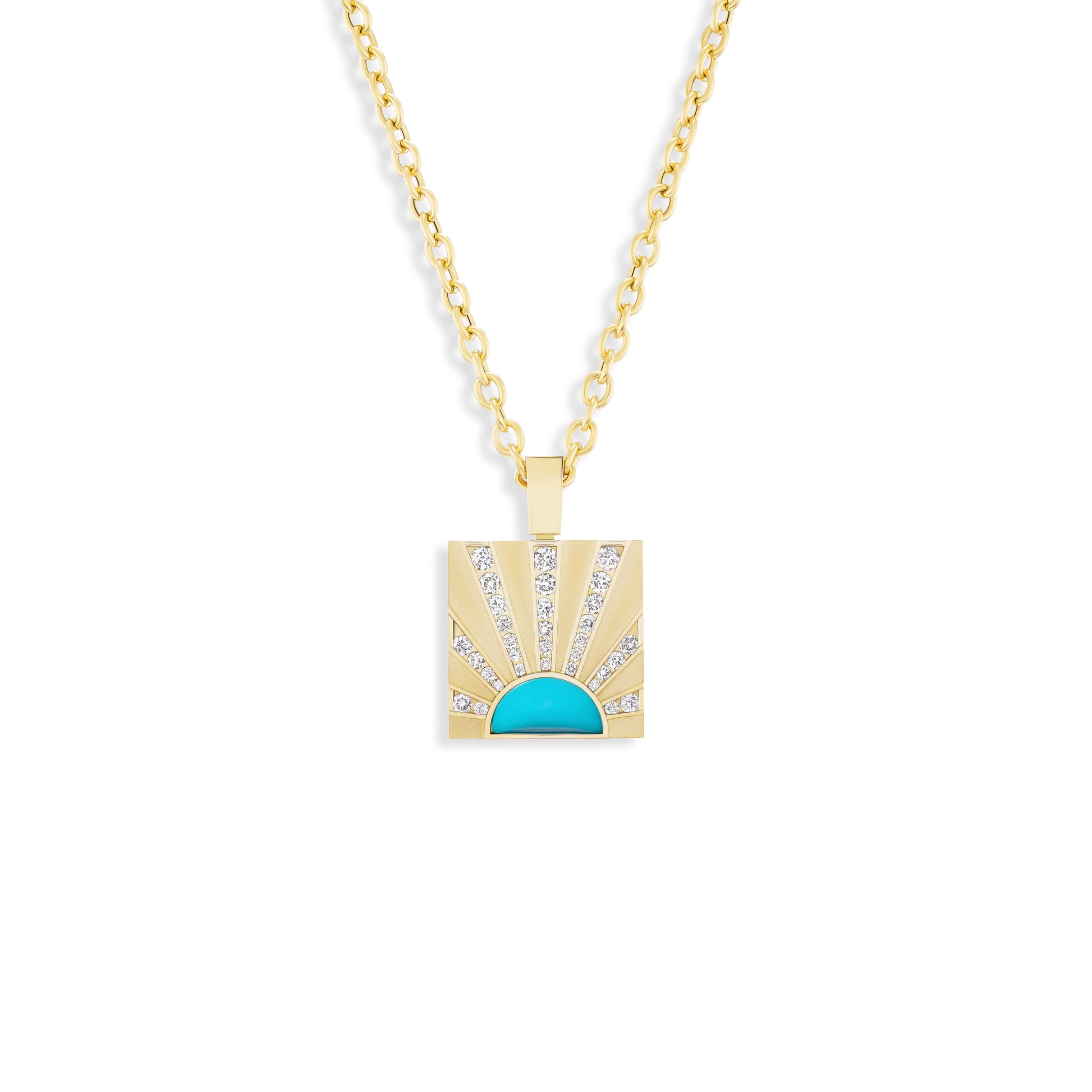 Gold necklace with a square pendant featuring a turquoise stone on a white background