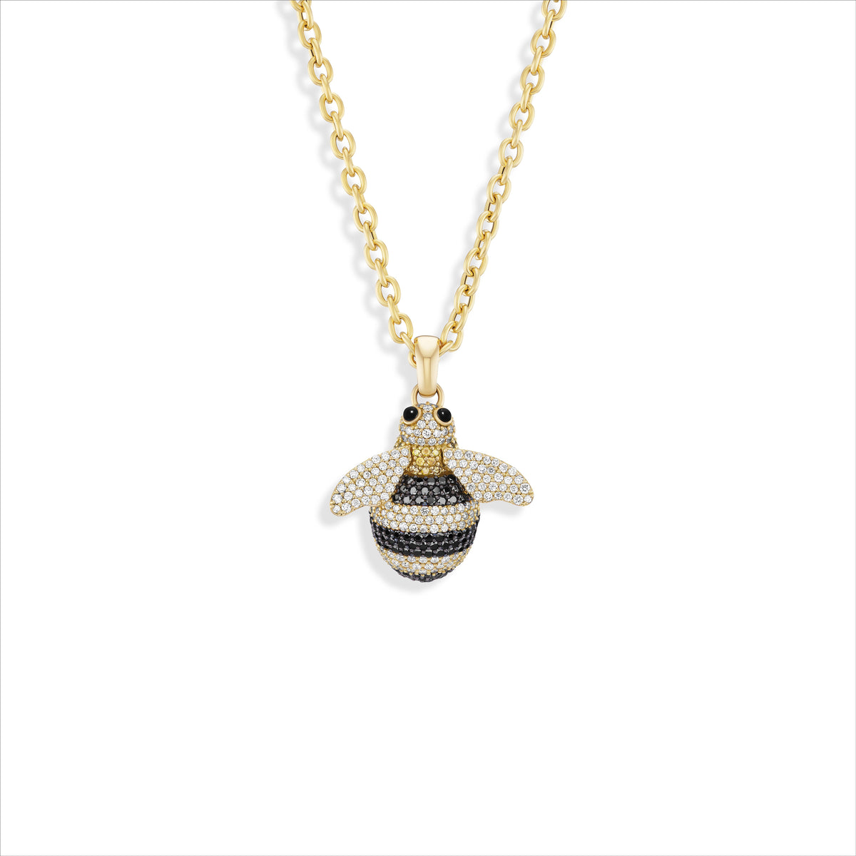 A gold chain necklace featuring a bee-shaped pendant paved with clear stones and black stones, set against a plain white background.