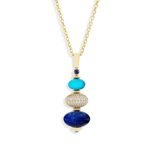 Necklace with blue and gold beads on a white background