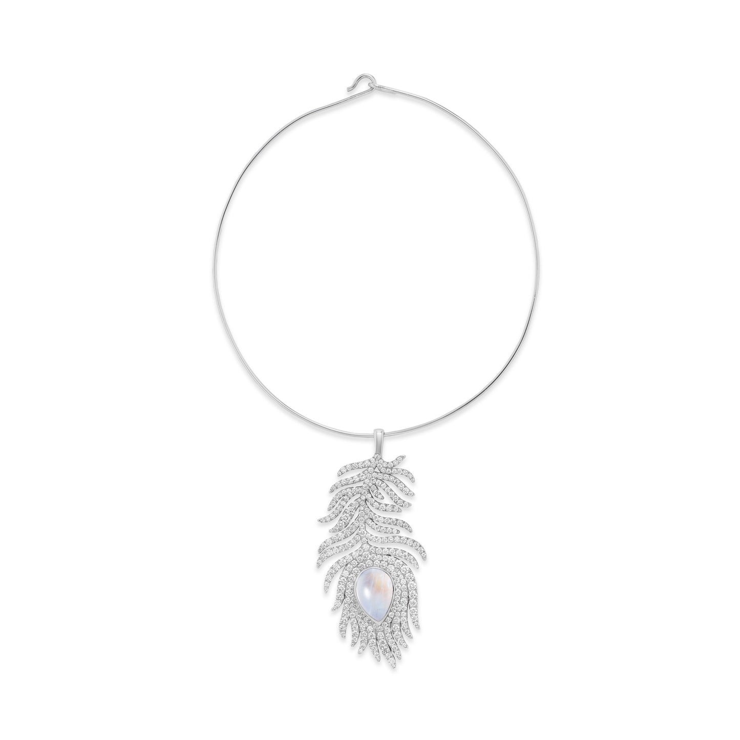 Silver necklace with a feather pendant on a white background