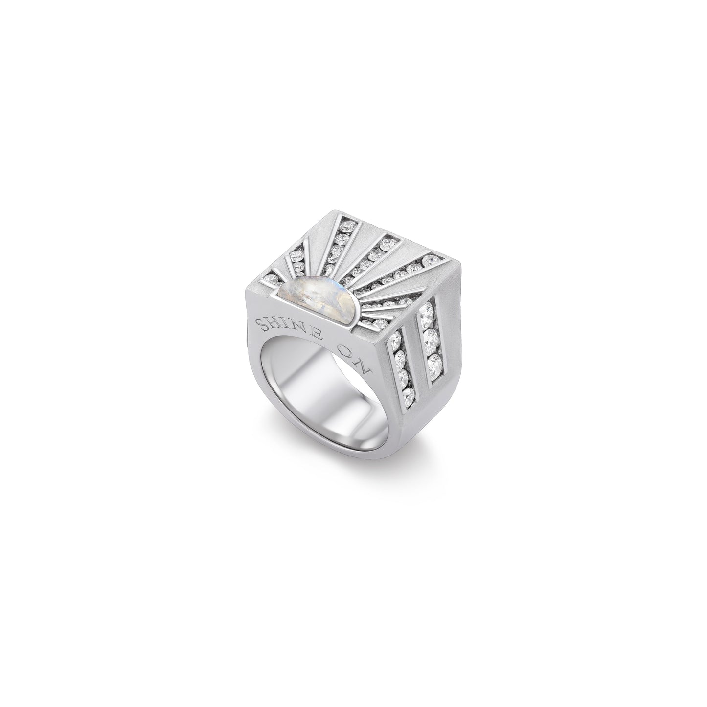 Silver ring with a central pearl and diamond accents on a white background