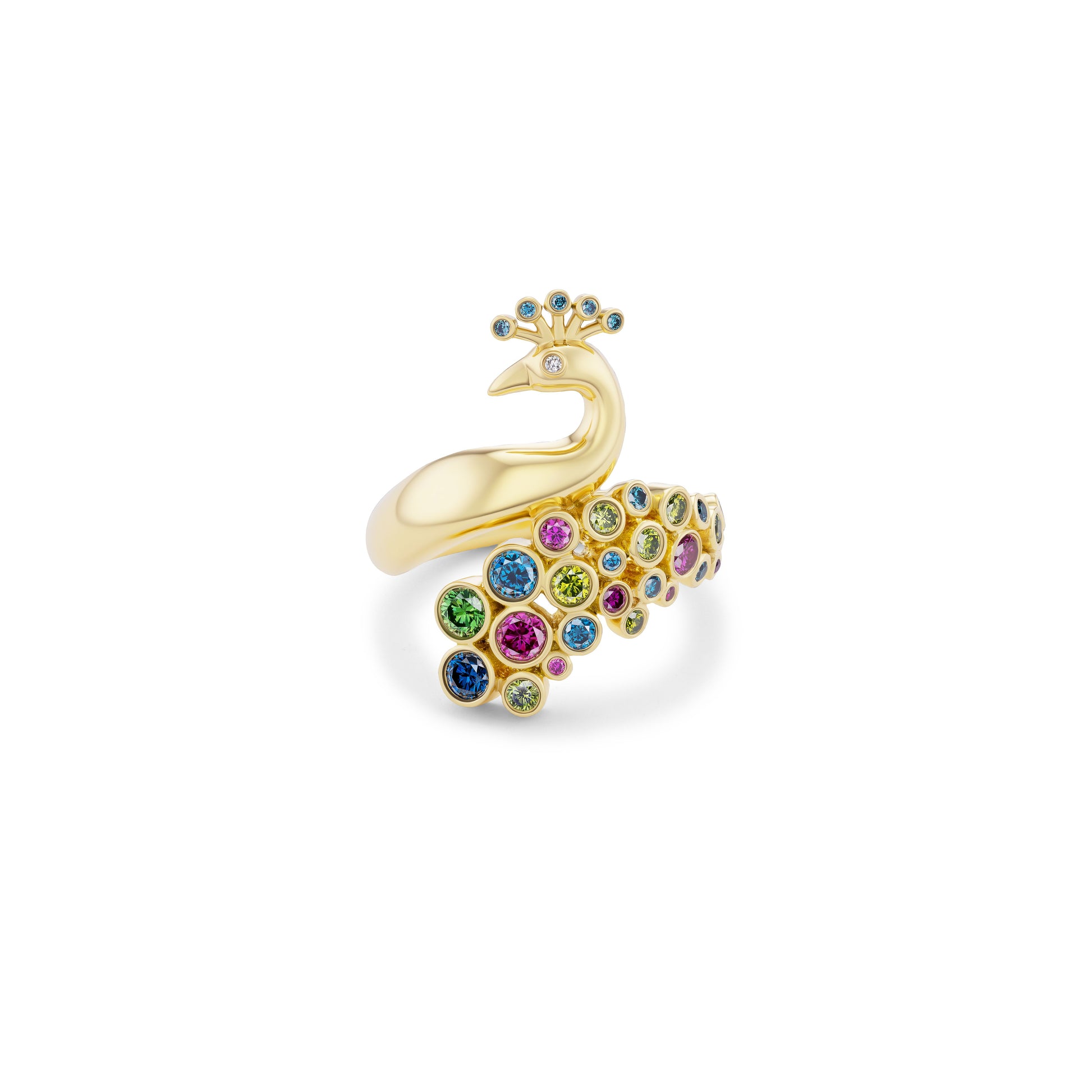 Gold peacock-shaped ring with colorful gemstones on a white background