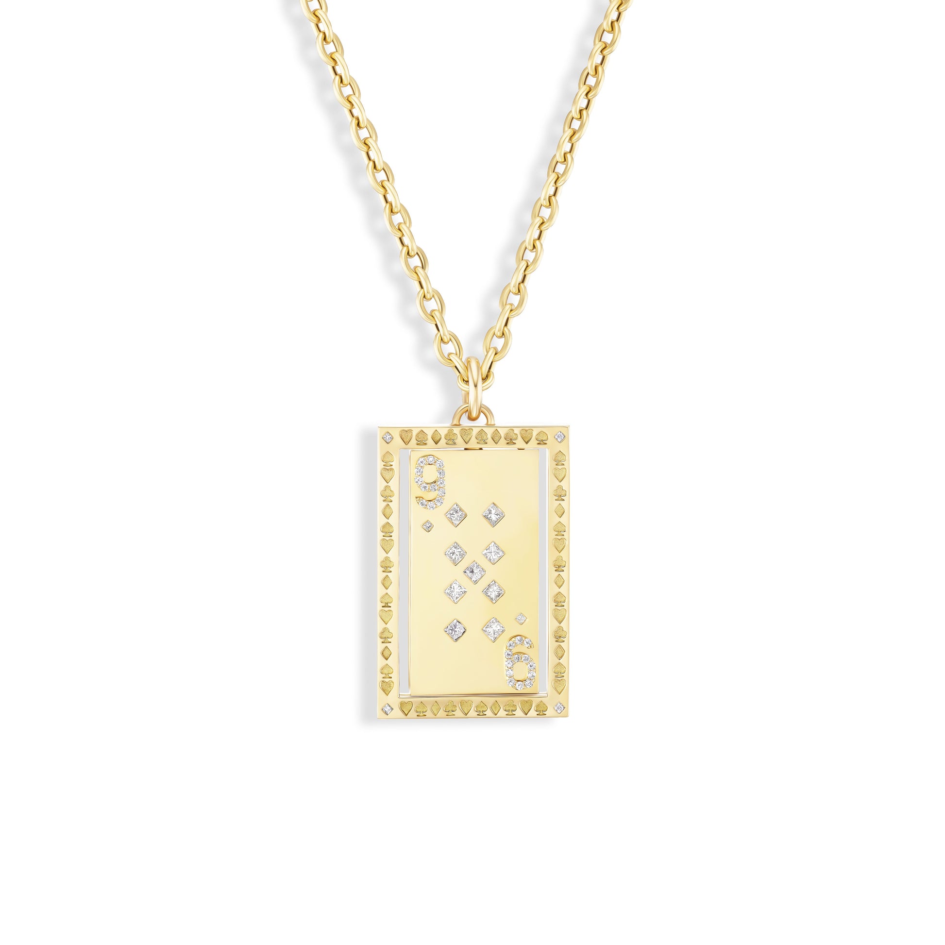 Gold necklace with a rectangular pendant on a white background