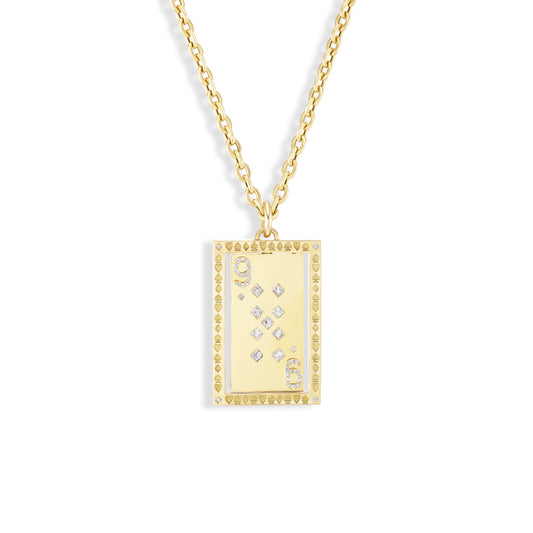 Gold necklace with a rectangular pendant on a white background