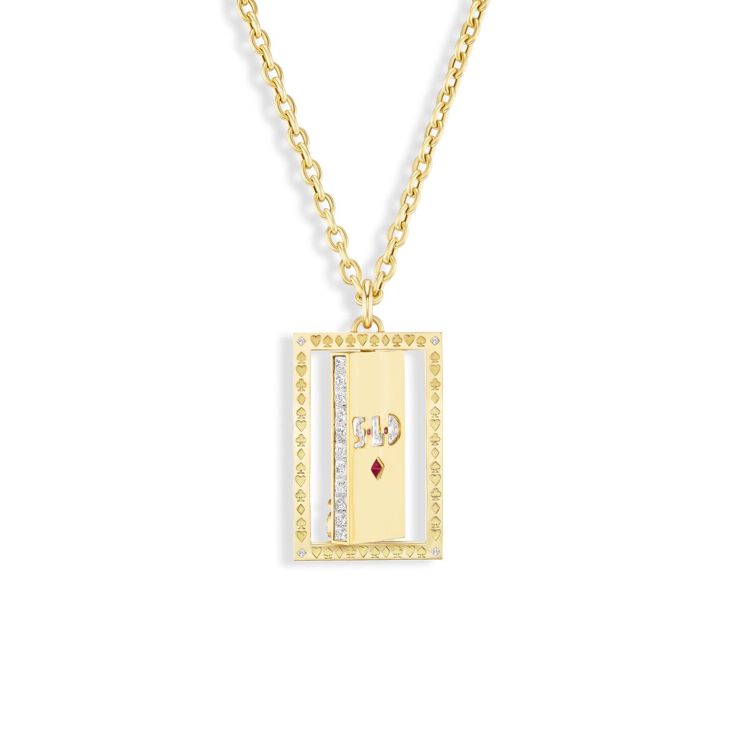 Gold necklace with a rectangular pendant featuring a heart and diamond design on a white background