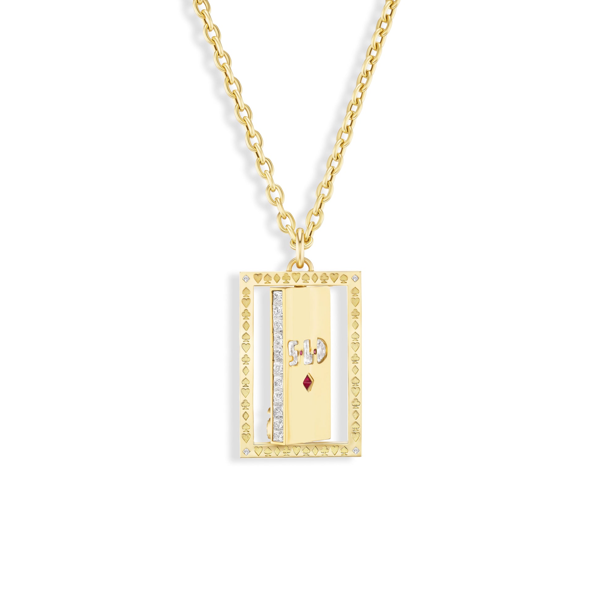 Gold necklace with a rectangular pendant featuring a heart and diamond design on a white background