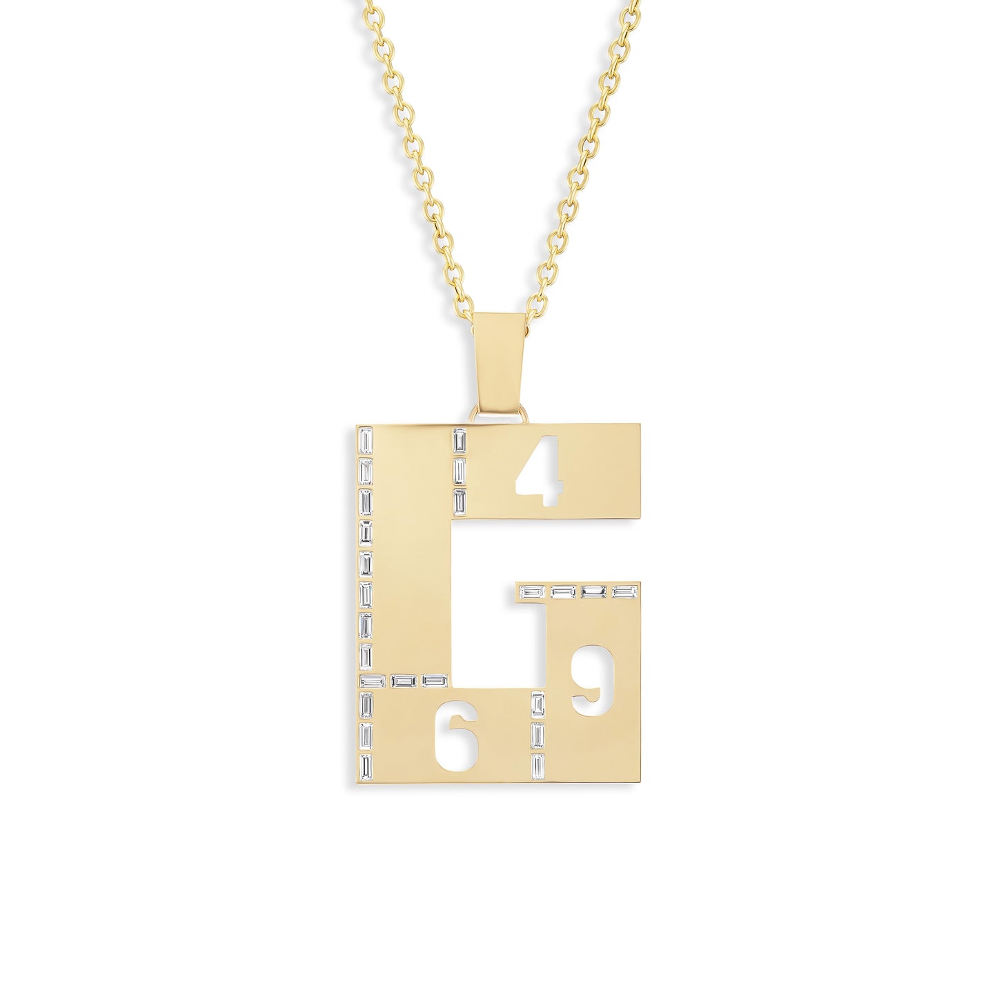 Gold necklace with a square G pendant featuring numbers on a white background