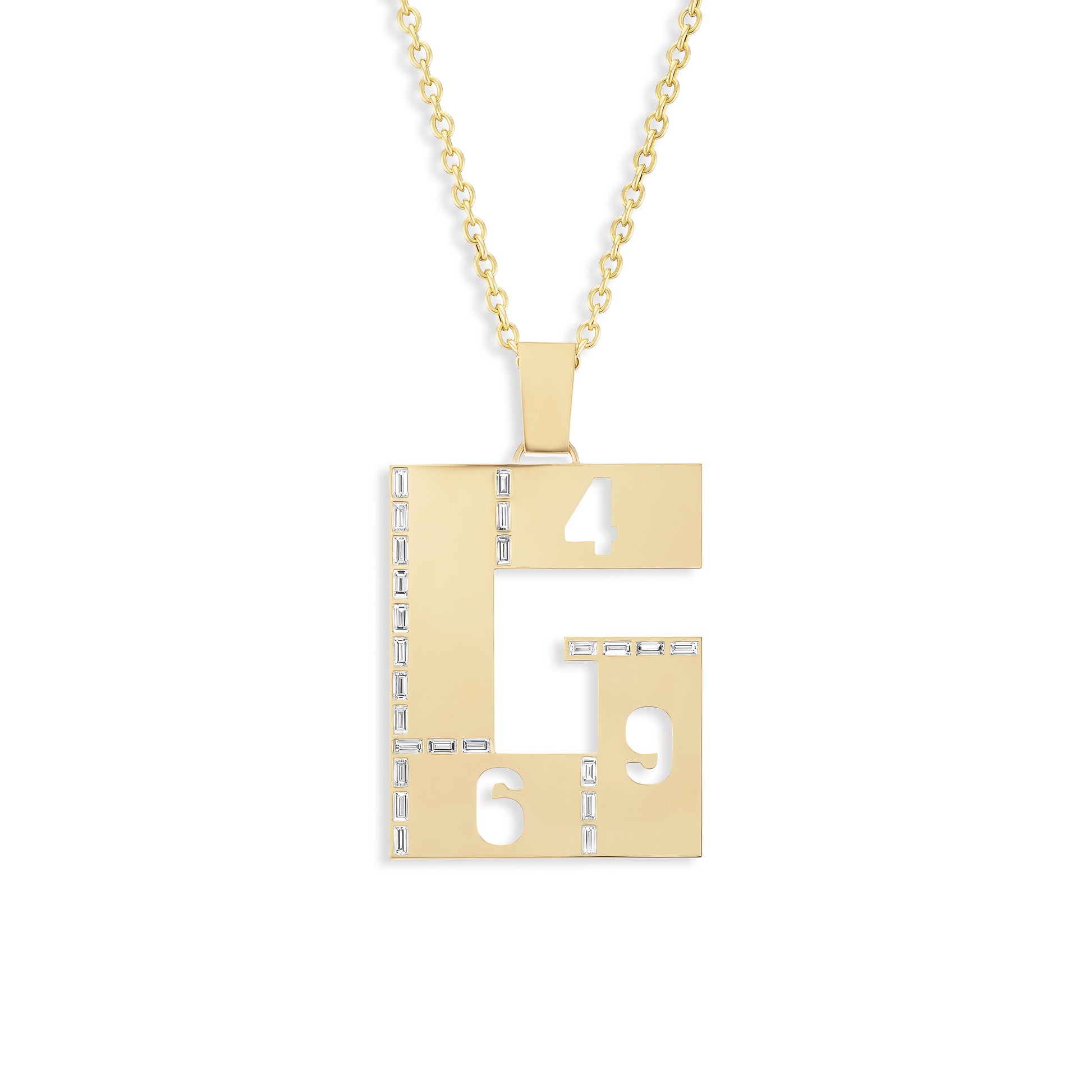 Gold necklace with a square G pendant featuring numbers on a white background
